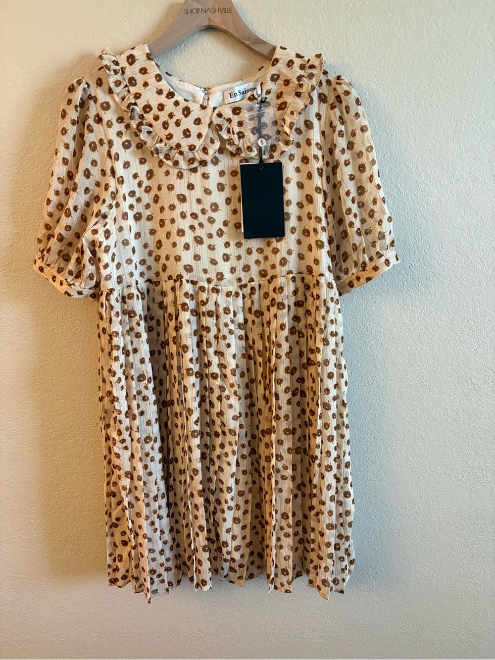 En Saison Cream Dress with Brown Polka Floral Print and Ruffled Collar